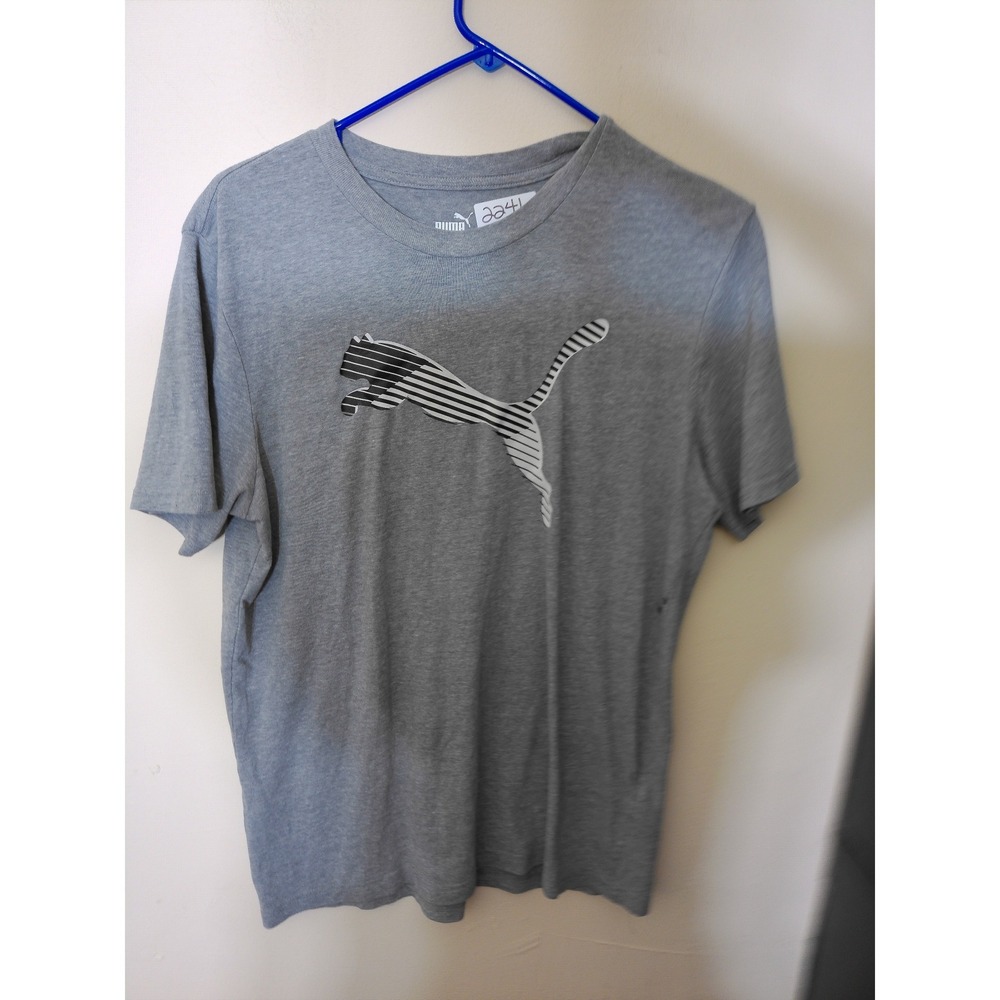 Puma Graphic T-Shirt Youth Medium Grey Striped Logo Athletic Sporty Tee